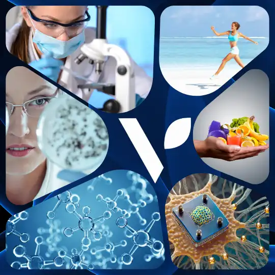 Representación visual de los productos VitalHealth con adaptógenos, nanotecnología y respaldo científico en laboratorios certificados por GMP y FDA.