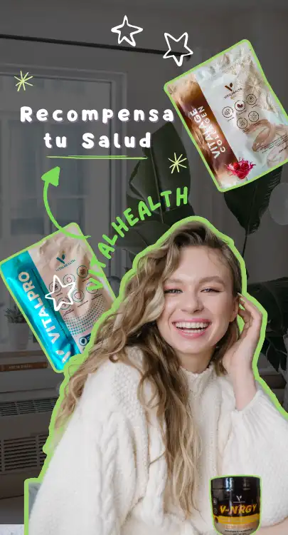 Mujer feliz con productos VitalHealth representando los beneficios de la membresía y afiliación, incluyendo descuentos y recompensas económicas.